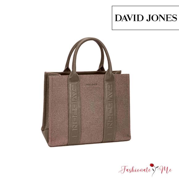 David Jones Contrast Leather Handles Zipper Closure Canvas Tote Handbag | Brown - Picture 1 of 7
